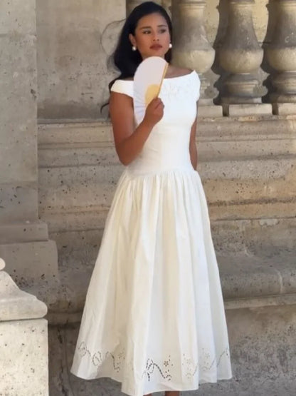 Minimalist White Boat Neck Midi Dress Women Elegant Cap Sleeve A-line Flare Eyelet Embroidery Vestido Wedding  Formal Party Gown