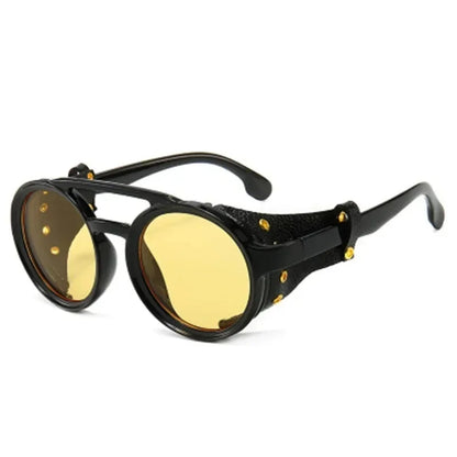 Steampunk Shields Sunglasses Men Women Classic SunGlasses With Side Leather Round Eyewear Pink UV400 Lens