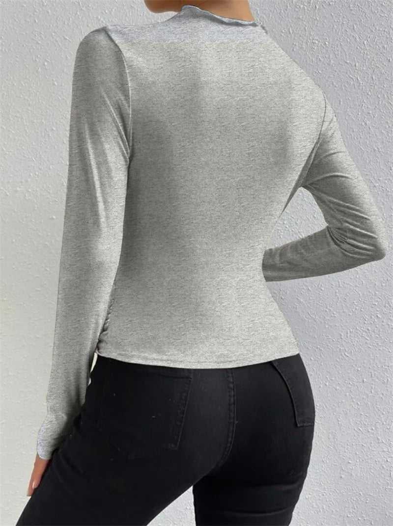 Fashion Solid Color Slim Fit T Shirt Women Trendy All-match Folds Long Sleeve T Shirts Ladies Tops Streetwear 2024 Spring New