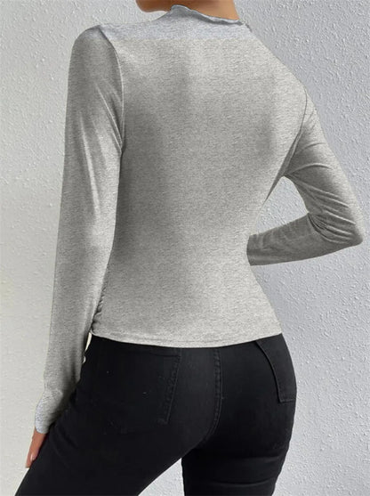 Fashion Solid Color Slim Fit T Shirt Women Trendy All-match Folds Long Sleeve T Shirts Ladies Tops Streetwear 2024 Spring New
