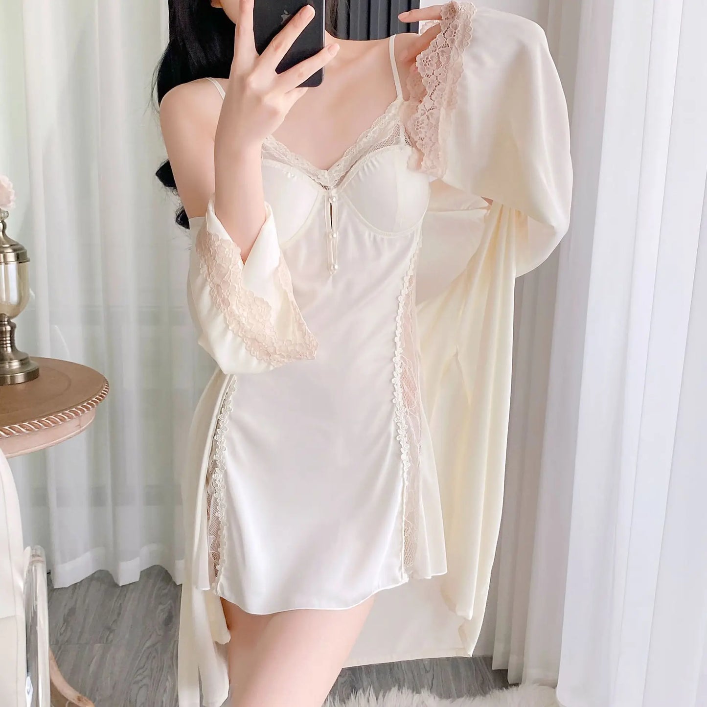 Twinset Lace Bathrobe Gown Set Women Robe Nightgown Lingerie Sleepwear Set Summer Kimono Silky Satin Nightsuits Dress Loungewear