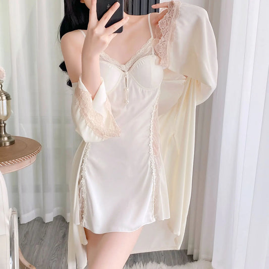 Twinset Lace Bathrobe Gown Set Women Robe Nightgown Lingerie Sleepwear Set Summer Kimono Silky Satin Nightsuits Dress Loungewear