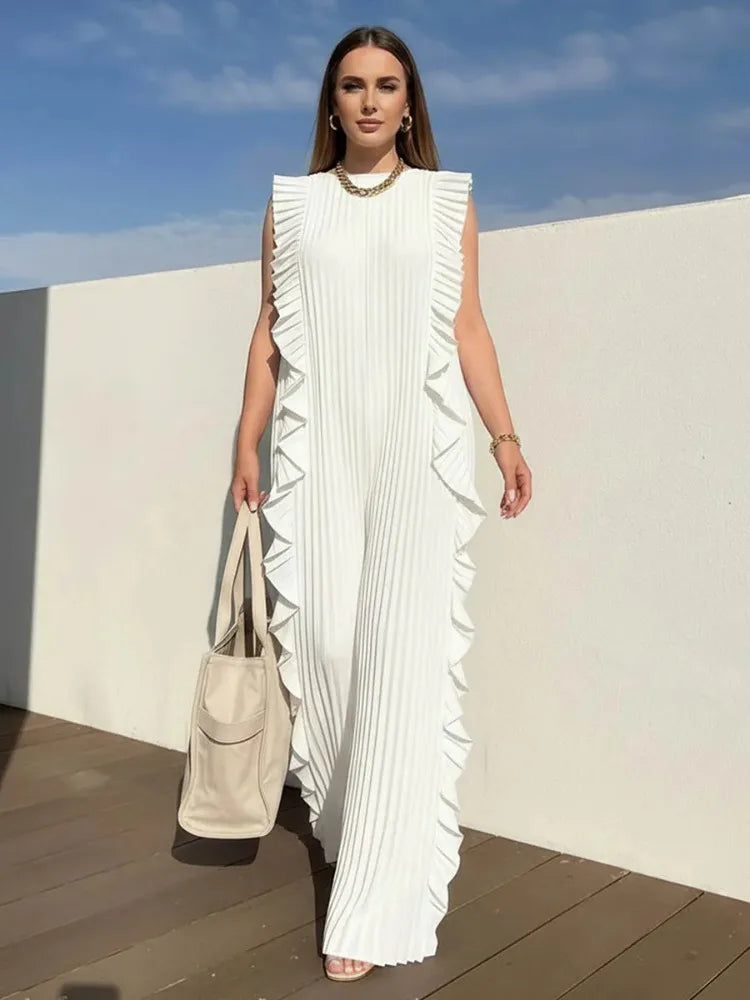 UOOZEE 2026 New Summer Women's Elegant Ruffled Trim Pleated Jumpsuits Loose Sleeveless Wide Leg Party Evening Office Overalls