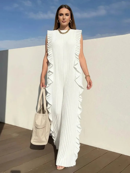 UOOZEE 2026 New Summer Women's Elegant Ruffled Trim Pleated Jumpsuits Loose Sleeveless Wide Leg Party Evening Office Overalls