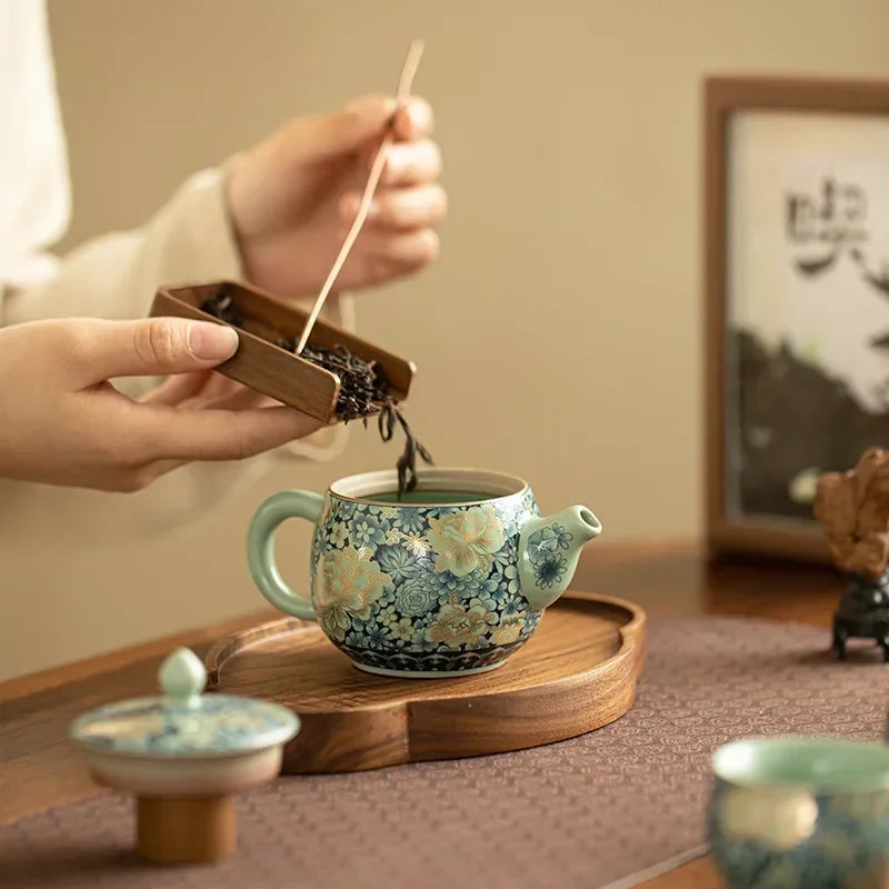 Ru Kiln Ceramic Teapot Gilded Peony Western Han Tile Pot Kung Fu Tea Set Household Tea Pot