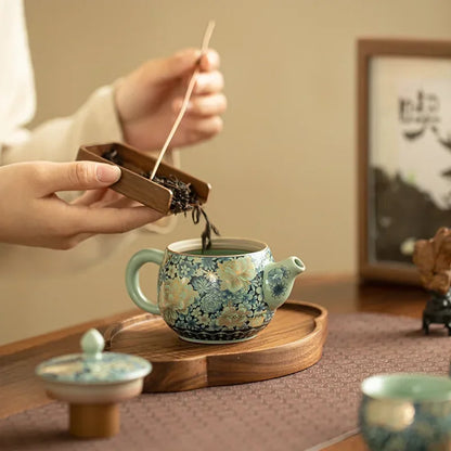 Ru Kiln Ceramic Teapot Gilded Peony Western Han Tile Pot Kung Fu Tea Set Household Tea Pot