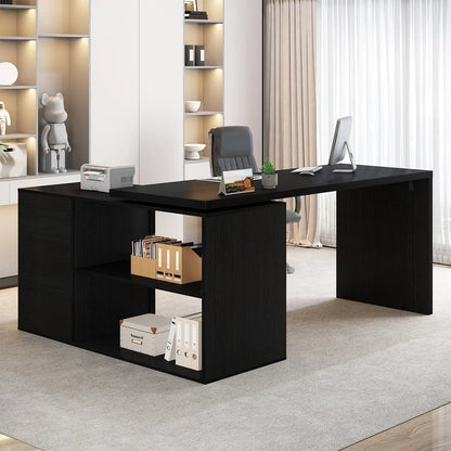 Black L Shaped Computer Desk with Drawers, L Shaped Home Office Desk with Storage Cabinet Shelves, Reversible, Customized