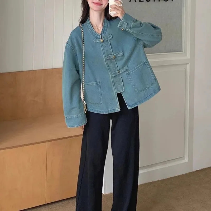 Women Clothing Autumn Fashion Simplicity All-match Temperament Button Solid Color O-neck Female Chinese Style Denim Jacket Tops