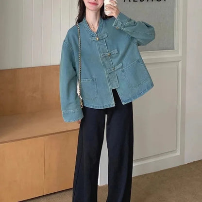 Women Clothing Autumn Fashion Simplicity All-match Temperament Button Solid Color O-neck Female Chinese Style Denim Jacket Tops