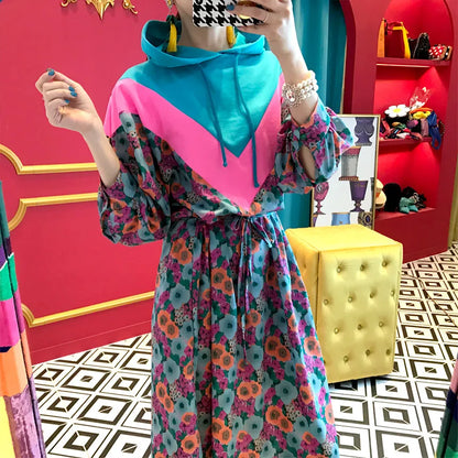 Chic Retro Floral Print Hooded Long Sweater Dr Women's High Waist Color Blo Waisand Casual Comfortable Autumn Dr