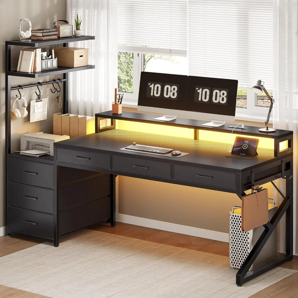 55" Gaming Desk with 6 Drawers, Corner Gaming Desk with Storage & LED Lights, Reversible PC Desk with Power Outlet,, Customized
