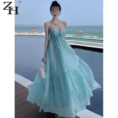 Seaside Vacation Tea Break French Halter Dress Fairy Temperament Long Skirt Backless Bow Tie Flowy Tiered Beach Dresses