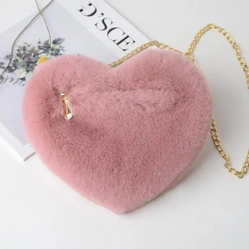 1 Pcs Women's Handbags Winter Fashion Faux Fur Heart Bag For Women Handbag Shoulder Bag Messenger Crossbody Bag Gift