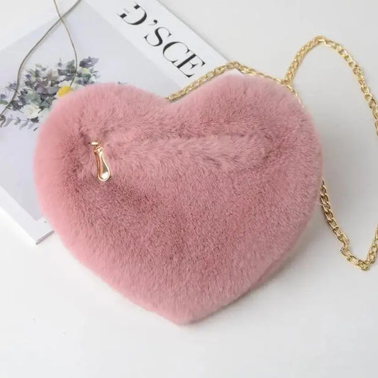 1 Pcs Women's Handbags Winter Fashion Faux Fur Heart Bag For Women Handbag Shoulder Bag Messenger Crossbody Bag Gift