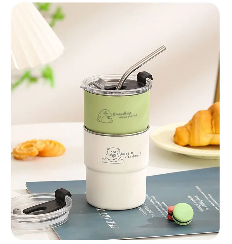 300ml Drinking Cup With Straw Portable Stainless Steel Coffee Cups Mug With Lid Heat Resistant Tea Cup Tumbler Travel Mug