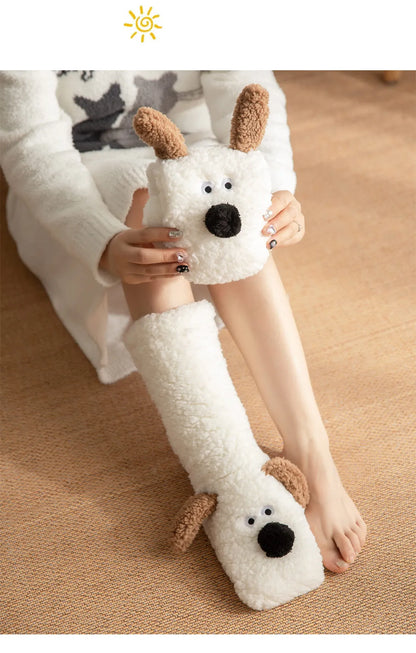 Fuzzy Fluffy Sock Women Cartoon 3D Dog Winter Warm Plush Non slip Home Sleeping Soft Female Floor Thermal Funny Slipper Sock