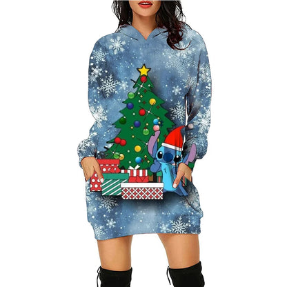 Christmas Disney Brand Stitch Cartoon Long Hoodie Autumn New Mini Sexy Long Sleeved Dress Korean Fashion Elegant Ladies Party