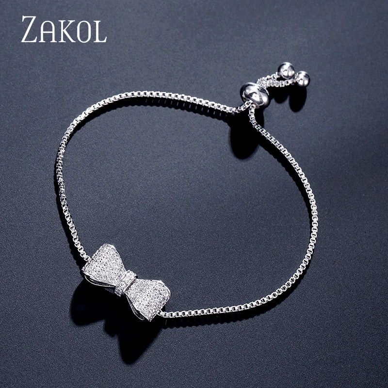 ZAKOL Fashion Bow Zirconia Crystal  Adjustable Bracelet & Bangle for Women Brilliant CZ Party Jewelry