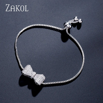 ZAKOL Fashion Bow Zirconia Crystal  Adjustable Bracelet & Bangle for Women Brilliant CZ Party Jewelry