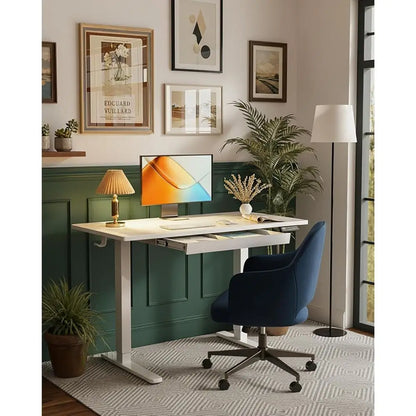 44 Adjustable Height Standing Desk with Storage, 4 Memory Settings, White for Home Office & Computer Work