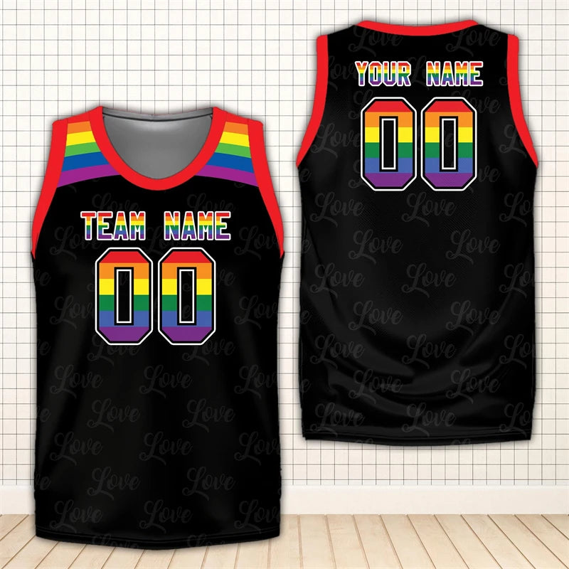 Rainbow LGBT Pride Basketball Jersey Custom Name Team Name Number 3D Printed Crew Neck Tank Tops Loose Quick Dry Sports Vest