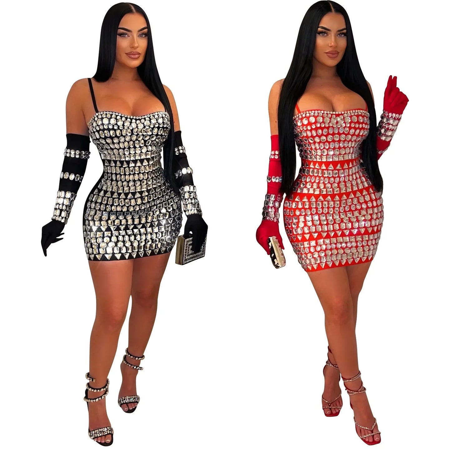 GLCMYAYA Women Diamonds Hot Rhinestones Crystal Spaghetti Strap Birthday Bodycon Midi Dress Sexy Party Even Dresses Vestidos