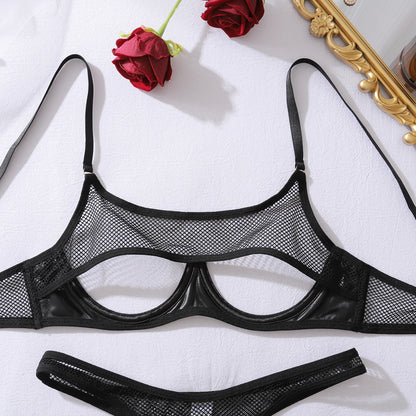AVELINE Fashion Hollow Mesh Splicing PU Leather Gathering Sexy Strap Underwear Set