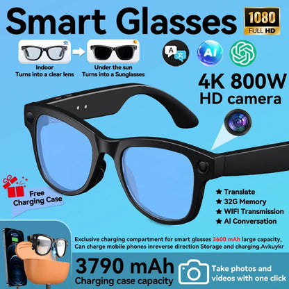 4K 800W HD Camera AI Smart Glasses Men Record Video 3790mAh Battery Languages Translation 3D Music Player Glasses With Camera