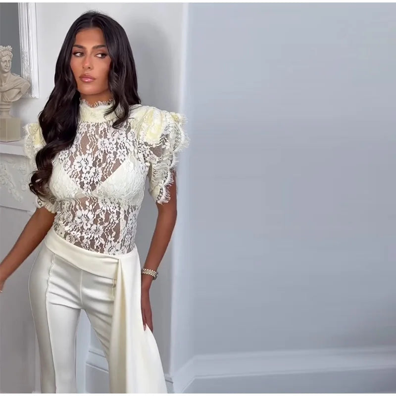 Elegant Ruffles Lace Top Ribbon Flare Pants Sets Women Short Sleeve See through Top High Waist Pant 2026 Summer Evening Outfit