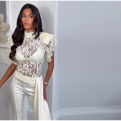 Elegant Ruffles Lace Top Ribbon Flare Pants Sets Women Short Sleeve See through Top High Waist Pant 2026 Summer Evening Outfit