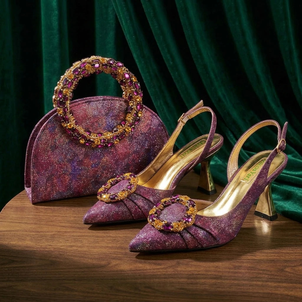 Multicolor Glitter Rhinestone Ring Handle Evening Clutch And Women High Heels Shoes Set Wedding Party Matching Bag