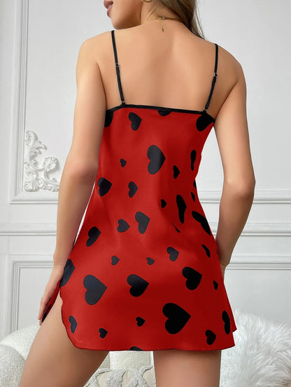 Women's holiday imitation silk four seasons love print fashion V-neck open elegant slip nightdress