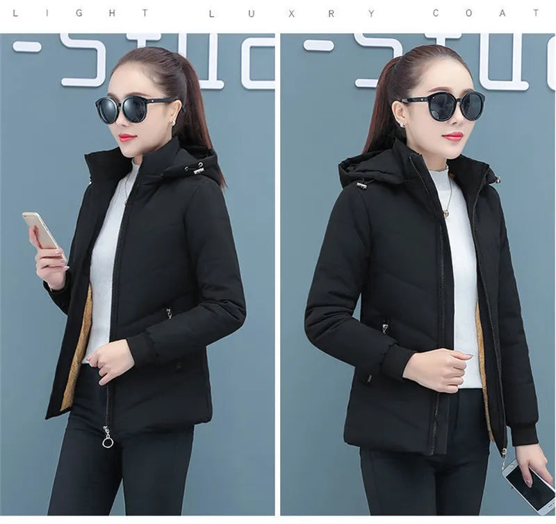 2025 New Women Add Velvet Cotton Jacket Female Winter Fleece Warm Hood Fashion Coat Ladies Down Padded Jackets M- 5XL Coat