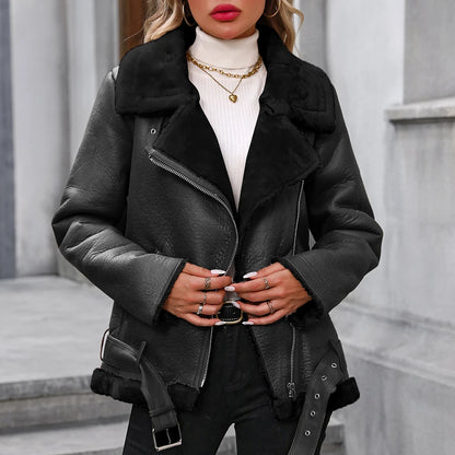 Fitaylor Winter Women Faux Fur Leather Jacket Casual Lady Thick Warm Leather Coat High Street Motorcycle Outwear