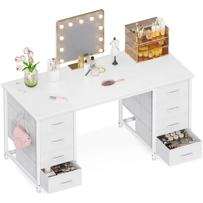 48 Inch White Computer Desk with 8 Fabric Drawers, Modern Office Desk with Large Storage for Home Office, Study,, Customized
