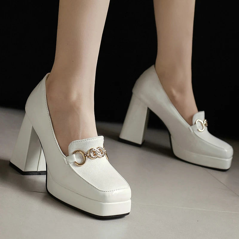 Extra Big Size 49 50 Bright Yellow Metal Crystal Chain Woman's Pumps Spring Fall Shoes Slip-on Loafers Platform Block High Heels