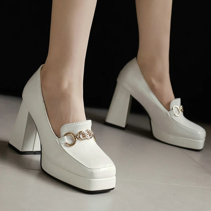 Extra Big Size 49 50 Bright Yellow Metal Crystal Chain Woman's Pumps Spring Fall Shoes Slip-on Loafers Platform Block High Heels