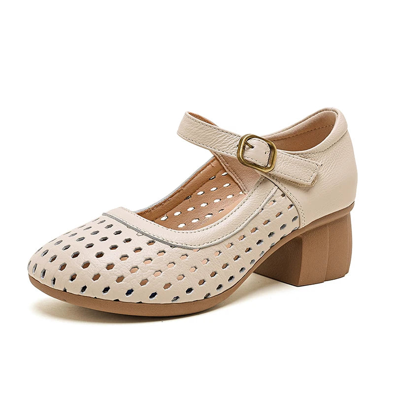 AIYUQI Women Hollow Mary Jane Shoes Genuine Leather Women Sandals Summer Comfortable Middle Aged Mother Shoes