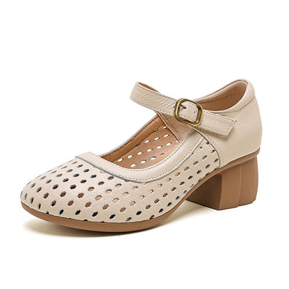 AIYUQI Women Hollow Mary Jane Shoes Genuine Leather Women Sandals Summer Comfortable Middle Aged Mother Shoes