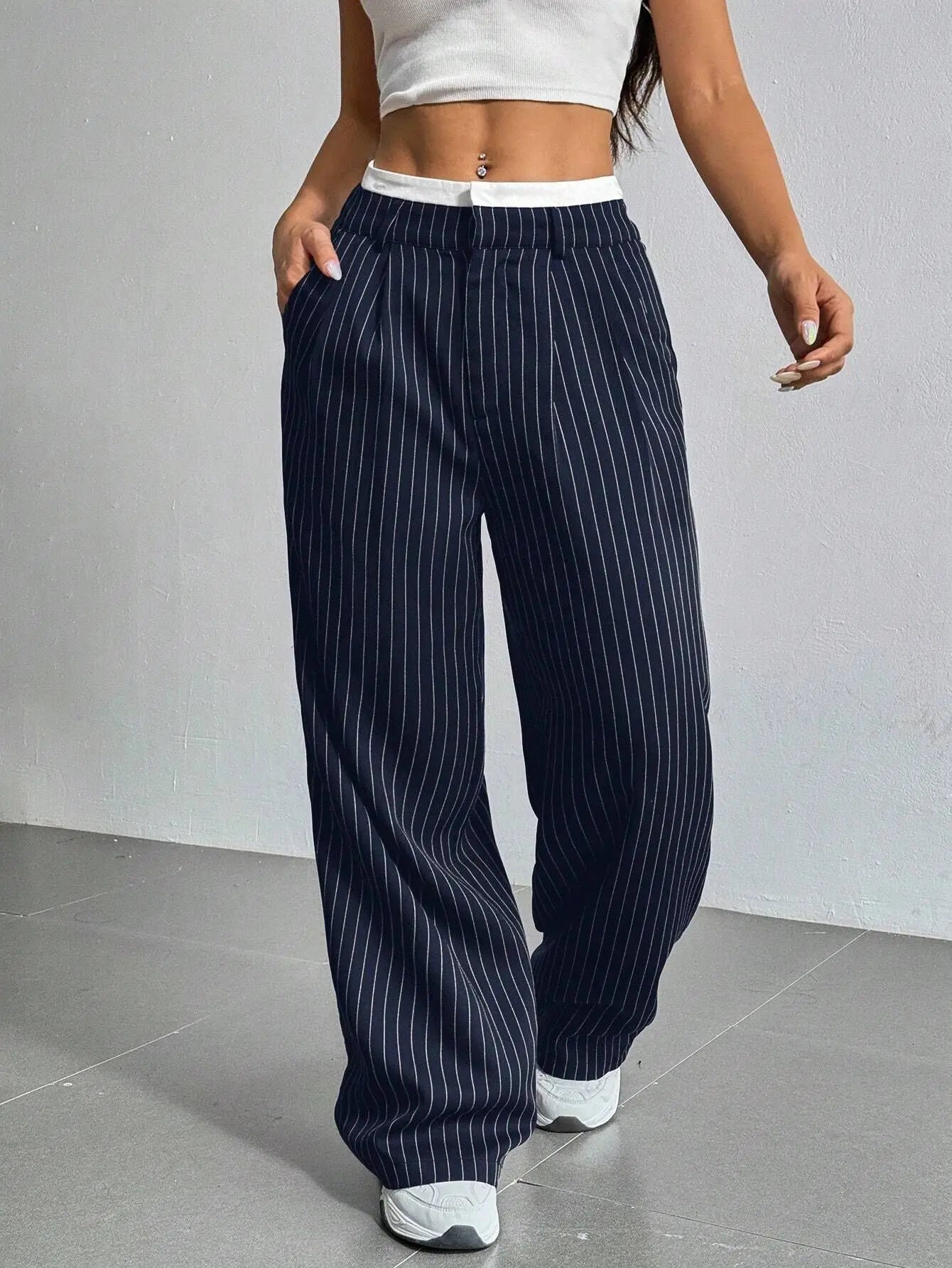 Fashion Pants Women's Stripe Straight Pants 2024 Autumn Winter High Waisted Casual Suit Pants Office Lady Women Trousers Bottoms