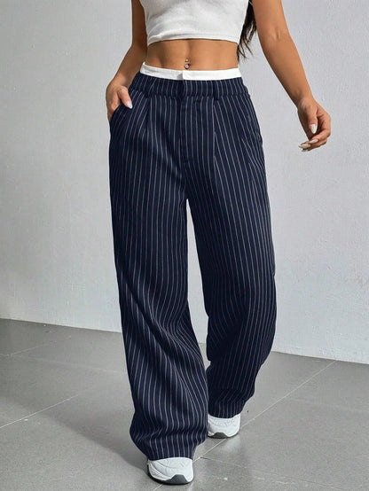 Fashion Pants Women's Stripe Straight Pants 2024 Autumn Winter High Waisted Casual Suit Pants Office Lady Women Trousers Bottoms