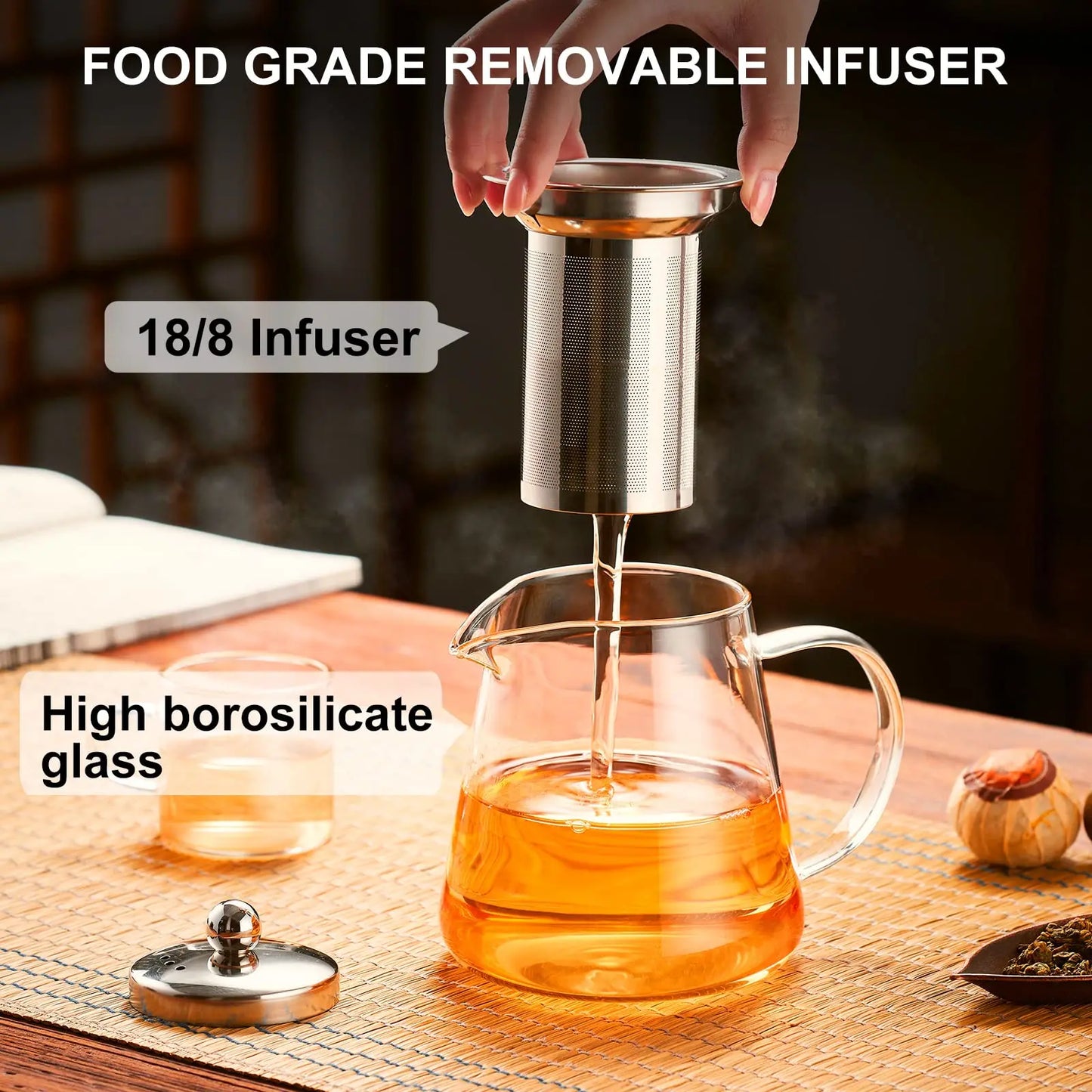 Glass Teapot Stovetop with Removable 18/8 Stainless Steel Infuser, suitable for camping