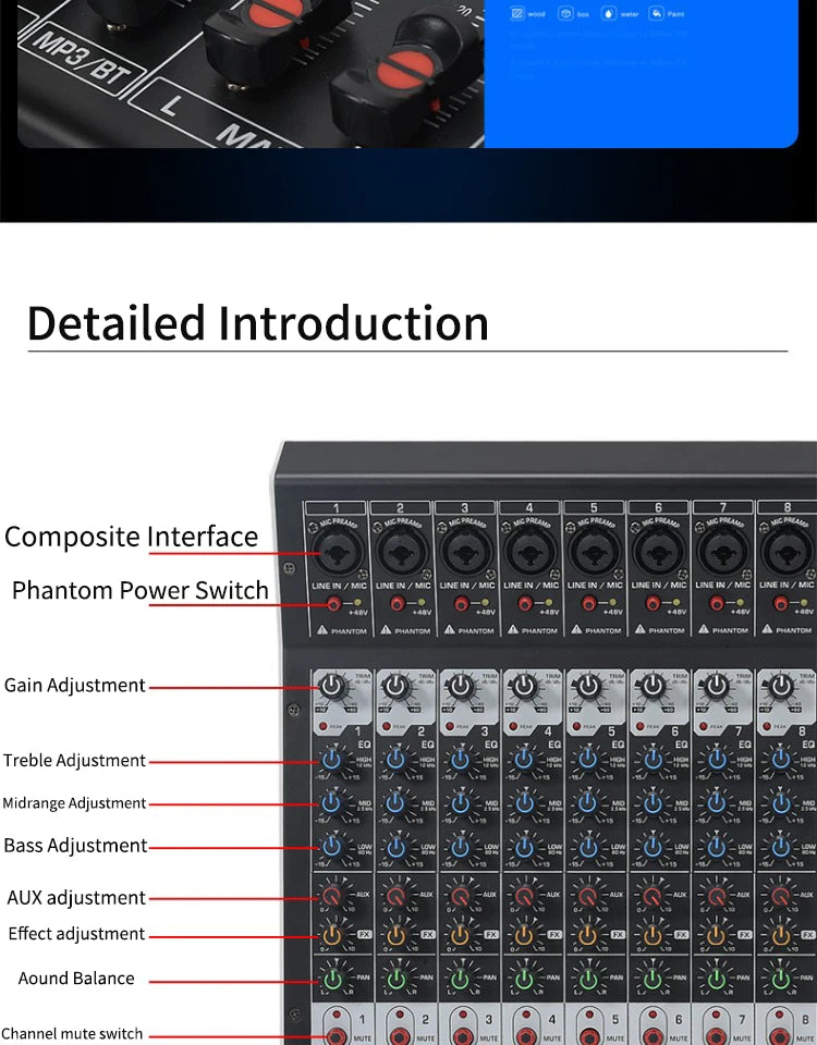 8/12 Channel Digital Mixer Audio Console 100 DSP Effects Bluetooth USB MP3 DJ Reverberation Sound Mixing Console