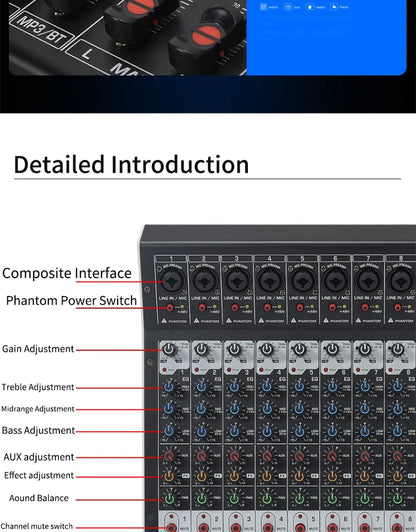 8/12 Channel Digital Mixer Audio Console 100 DSP Effects Bluetooth USB MP3 DJ Reverberation Sound Mixing Console