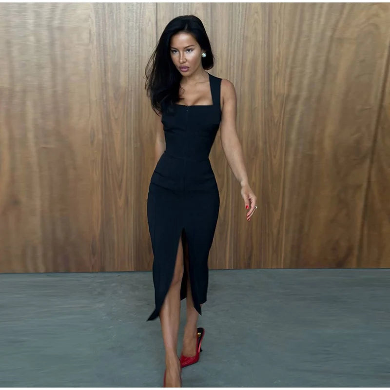Sheer Mesh Overlay Lace Hem Slip Midi Dress Slim Spaghetti Strap 2026 Summer Elegant Women Bodycon Dress Trendy Date Lady Gown