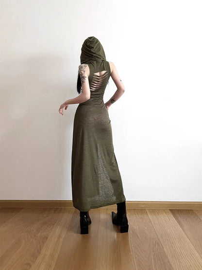 Cyber Gothic Desert Walker Hooded Dresses Y2k Punk Grunge Hollow Out Midi Dress Women Sexy Split Side Solid Streetwear