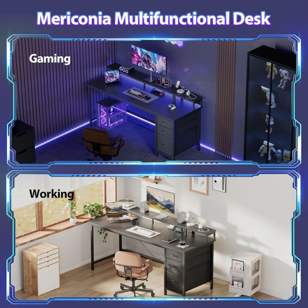 55-inch Gaming Desk with Power Outlets, LED Lights, 3 Drawers & Monitor Stand for Home Office and Small Spaces, Black