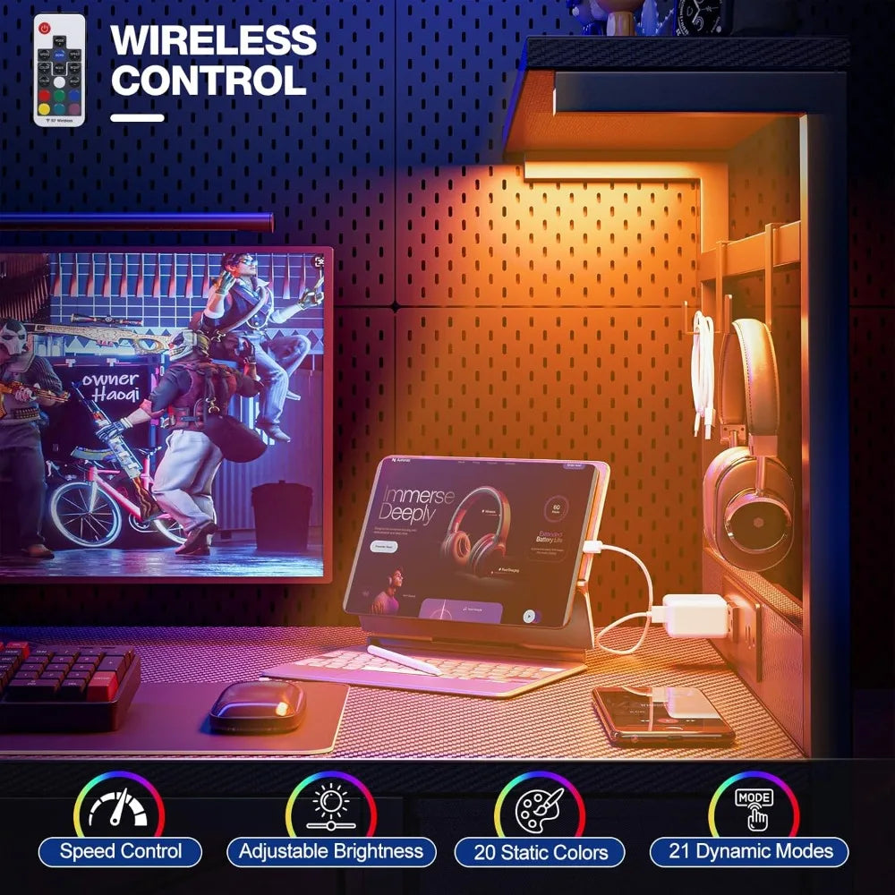 Gaming Desk 55 Inch with Power Outlet and LED Light, Computer Desk with Reversible Shelves and Storage Drawer, Pc, Customized