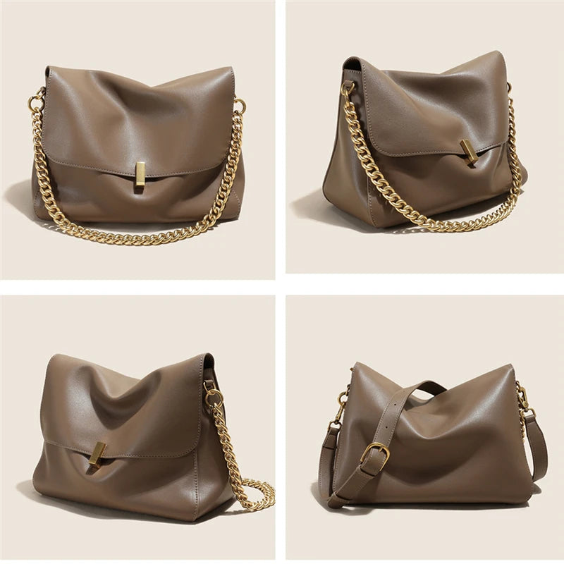 Toptrends Genuine Leather Large Chain Shoulder For Women 2026 Luxury Designer Office Messenger Bags Satchel Cow Ladies Handbags