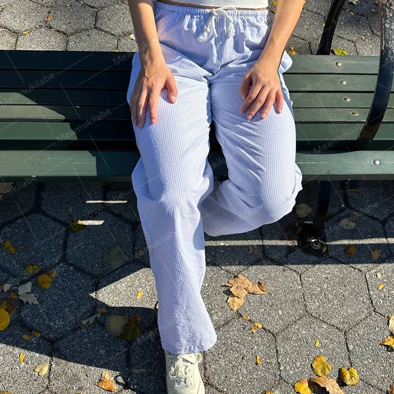Y2K Vintage Striped Loose Pants Comfy Loung Pants Streetwear Casual Tie Up Waist Wide Leg Trousers Women Pajamas Sleepwear